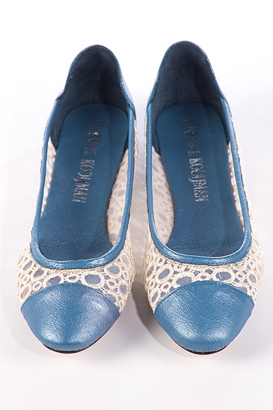 Prussian blue and champagne white women's ballet pumps, with low heels. Round toe. Flat leather soles. Top view - Florence KOOIJMAN